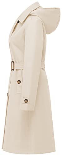 Women's Double Breasted Long Trench Coats Mid-Length Belted Overcoat Dress Jacket with Detachable Hood