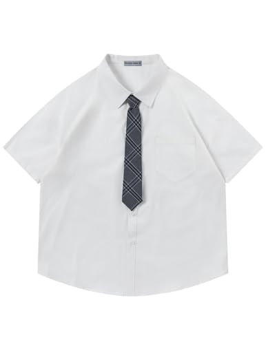 21J1PCJrVYL.jpg Button Down Shirts Oversized Unisex Plaid Tie Short Sleeve Shirt Casual Streetwear Summer Tops