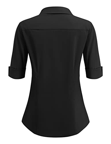 Women's Basic Button Down Shirts 3/4 Sleeve Stretch Button Up Dress Shirt Slim Fit Waitress Work Shirts