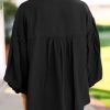Womens Puff Sleeve Tops 3/4 Button Down Shirts Ruffle Cuff Back Pleated Cotton Blouse