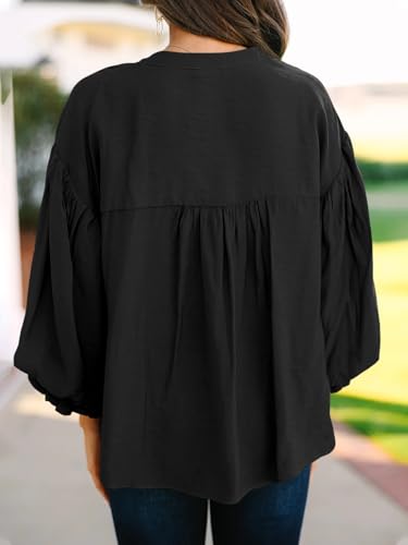 Womens Puff Sleeve Tops 3/4 Button Down Shirts Ruffle Cuff Back Pleated Cotton Blouse