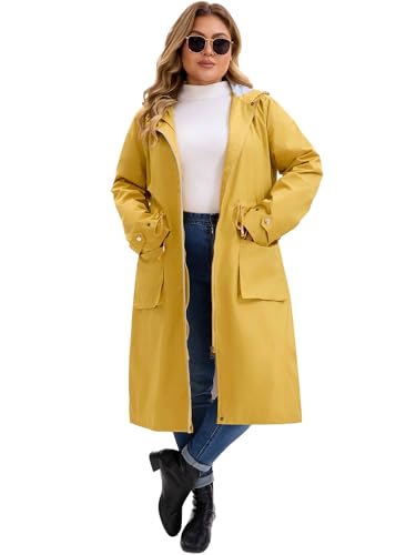 315j6XCpvL.jpg Plus Size Hooded Long Jacket for Women Adjustable Drawstring Waist Zipper Outdoor Windbreaker Trench Coats