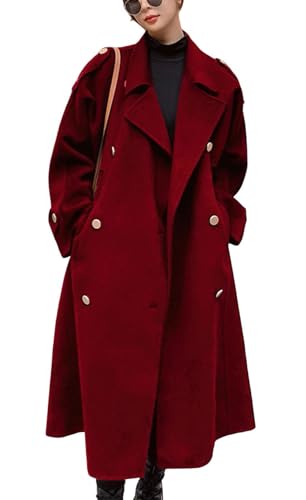 Women's Winter Double Breasted Midi Long Wool Pea Coat Notch Lapel Winter Trench Coat