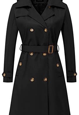Women's Long Trench Coat Double-Breasted Classic Lapel Overcoat Belted Slim Outerwear Coat with Detachable Hood