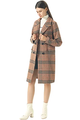 Women's Winter Oversize Lapel Collar Woolen Plaid Double Breasted Long Peacoat Jacket