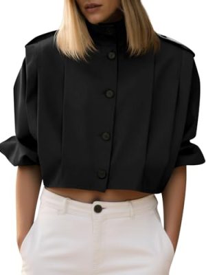 Womens Cropped Trench Coats Pleated Button Down Short Jackets Fall Casual Lapel Loose Fit Outerwears