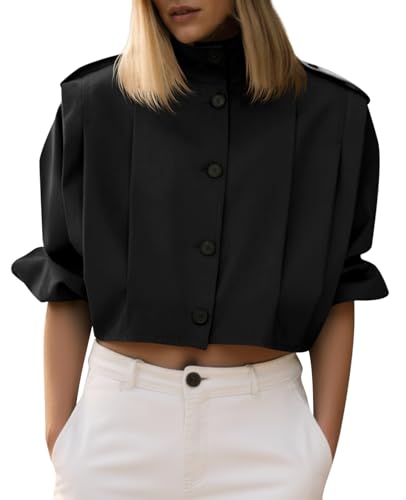 Womens Cropped Trench Coats Pleated Button Down Short Jackets Fall Casual Lapel Loose Fit Outerwears
