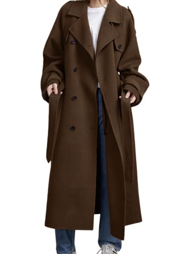 Women's Winter Double Breasted Wool Coat Long Sleeve Notch Lapel Midi Long Winter Trench Coat with Belt