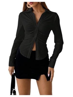 Women's Button Down Ruched Blouse Long Sleeve Shirts Slim Fit Aesthetic Tops