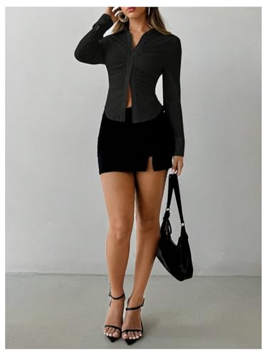 31Lo51ra1gL.jpg Women's Button Down Ruched Blouse Long Sleeve Shirts Slim Fit Aesthetic Tops