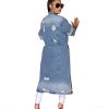 Women's Ripped Out Distressed Washed Long Blue Denim Jacket Trench Coat