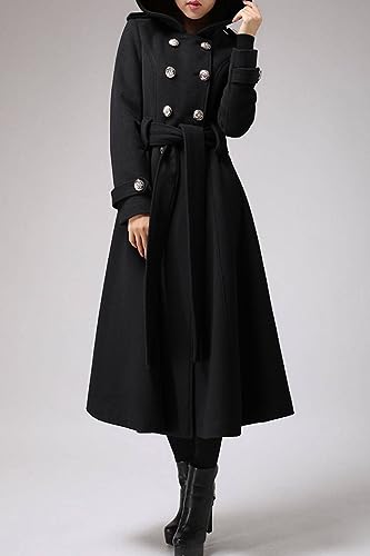 31SLP9gJuRL.jpg Womens Long Double-Breasted Hooded Coat Winter Warm Wool Trench Coat with Belts