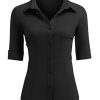 Women's Basic Button Down Shirts 3/4 Sleeve Stretch Button Up Dress Shirt Slim Fit Waitress Work Shirts