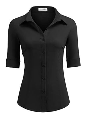 Women's Basic Button Down Shirts 3/4 Sleeve Stretch Button Up Dress Shirt Slim Fit Waitress Work Shirts