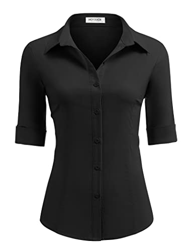 Women's Basic Button Down Shirts 3/4 Sleeve Stretch Button Up Dress Shirt Slim Fit Waitress Work Shirts