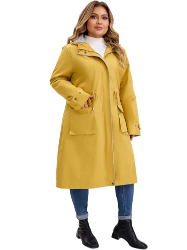 31XEM-Dz76L.jpg Plus Size Hooded Long Jacket for Women Adjustable Drawstring Waist Zipper Outdoor Windbreaker Trench Coats