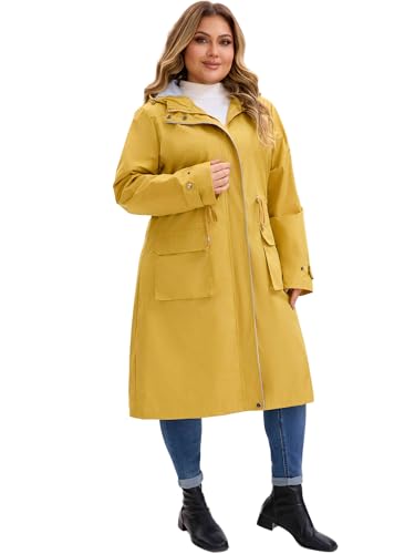 31XgnSW-v9L.jpg Plus Size Hooded Long Jacket for Women Adjustable Drawstring Waist Zipper Outdoor Windbreaker Trench Coats