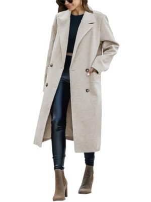 Womens Trench Coat Winter Lapel Double Breasted Long Pea Coat Casual Work Office Overcoat with Pocket