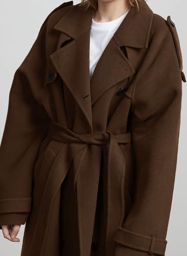 Women's Winter Double Breasted Wool Coat Long Sleeve Notch Lapel Midi Long Winter Trench Coat with Belt