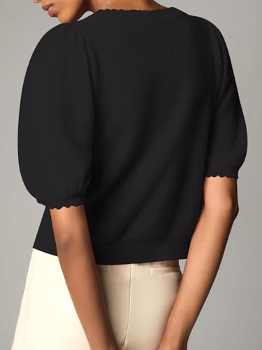 31eCVw3kiL.jpg Puff Sleeve Cardigans for Women Crew Neck Lightweight Summer Shirts Button Down Knit Shrug Sweater Tops