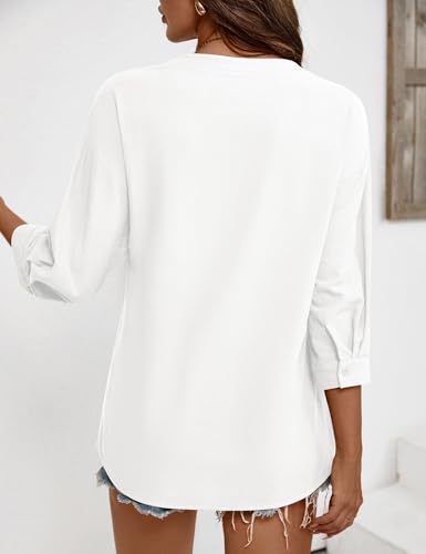Womens 3/4 Sleeve Button Down Shirts Cotton Linen Roll Up Short Sleeve Tops V Neck Casual Loose Fit Blouses