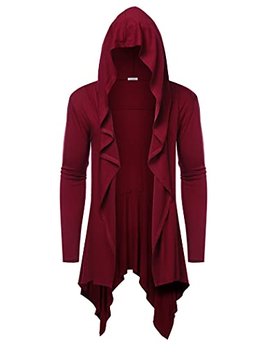 Long Hooded Cardigan Ruffle Shawl Collar Open Front Lightweight Drape Cape Overcoat with Pockets