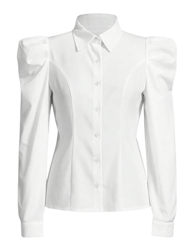 31n3Pyna0L.jpg Women's Elegant Puff Long Sleeve Collared Shirts Button Down Dressy Blouse Top