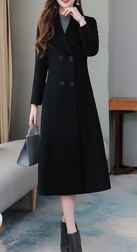 Women's Chic Shawl Collar Work Double Breasted Maxi Long Wool Pea Coat