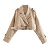 Womens Cropped Bike Jacket Casual Double Breasted Trench Coat with Belt