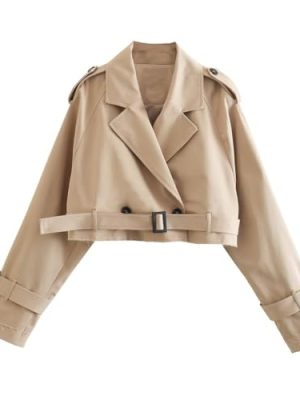 Womens Cropped Bike Jacket Casual Double Breasted Trench Coat with Belt