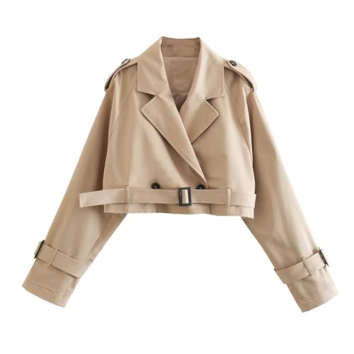 Womens Cropped Bike Jacket Casual Double Breasted Trench Coat with Belt