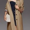 Womens Long Trench Coat Single Breasted Lapel Plaid Lined Oversized Windproof Fashion Autumn Winter Outerwear