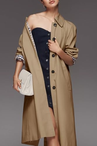 Womens Long Trench Coat Single Breasted Lapel Plaid Lined Oversized Windproof Fashion Autumn Winter Outerwear