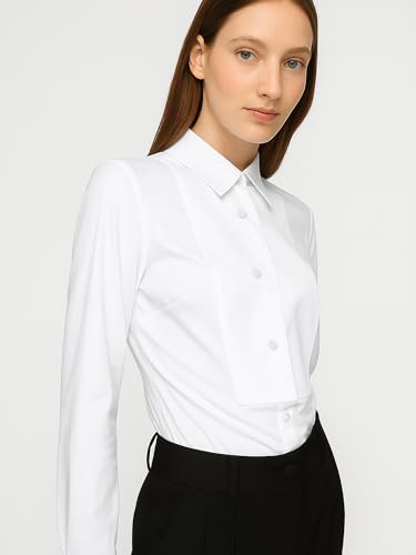 Women's White Tuxedo Button Up Shirt Long Sleeve Bib Collar Blouse Dressy Casual Tops