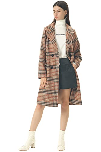 Women's Winter Oversize Lapel Collar Woolen Plaid Double Breasted Long Peacoat Jacket