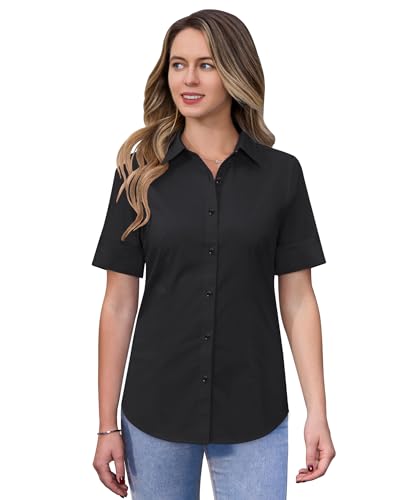 31yIm0oZWOL.jpg Short Sleeve Button Dress Shirts for Women Cotton Button Down Shirts for Women Slim Fit Blouse Top 3/4 Sleeve