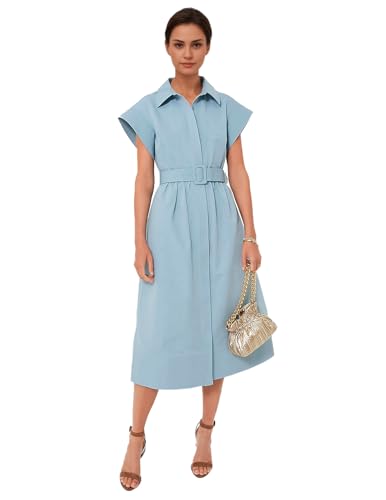 Women's Casual Button Shirt Dresses Short Sleeve Business Long Dresses Elegant Trench Coat with Pockets