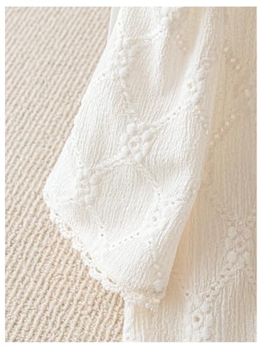 41-PI3IiEKL.jpg Women's Floral Embroidered Button Down Blouse Frill Trim Short Puff Sleeve V Neck Vacation Shirts