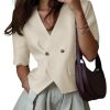 Womens Cropped Short Sleeve Blazers V Neck Button Down Lightweight Work Casual Suit Jackets
