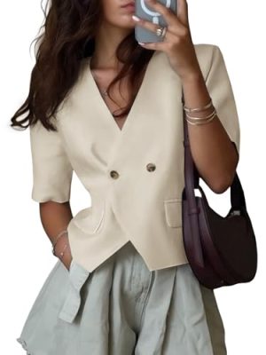Womens Cropped Short Sleeve Blazers V Neck Button Down Lightweight Work Casual Suit Jackets