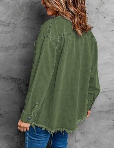 4109ifYgqAL.jpg Women’s Oversized Button Up Frayed Hem Shacket Long Sleeve Pockets Denim Jean Jacket