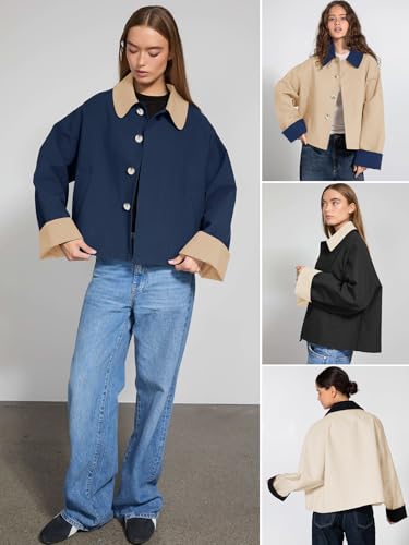 Womens Cropped Trench Coat Casual Lapel Single Breasted Color Block Short Jacket 2025 Fall Fashion Outerwear