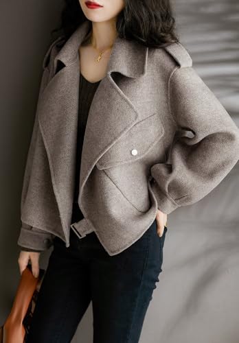 410fN6-PZ6L.jpg Women Cropped Wool Coats Notched Lapel Pea Coat Open Front Trench Overcoat Jackets with Pockets