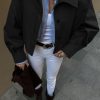 Womens Cropped Trench Coats Pleated Button Down Short Jackets Fall Casual Lapel Loose Fit Outerwears