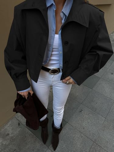 Womens Cropped Trench Coats Pleated Button Down Short Jackets Fall Casual Lapel Loose Fit Outerwears