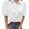 Women's Button Down Shirts Short Puff Sleeve Collared Dressy Casual Blouse Tops