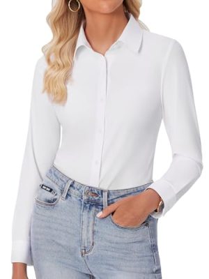 Button Down Shirts for Women Slim fit Long Sleeve Stretch Dress Shirts Work Shirt Wrinkle Free Office Blouses