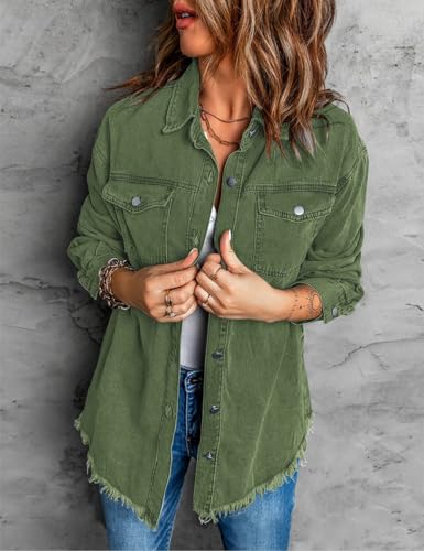 412c7gWVhL.jpg Women’s Oversized Button Up Frayed Hem Shacket Long Sleeve Pockets Denim Jean Jacket