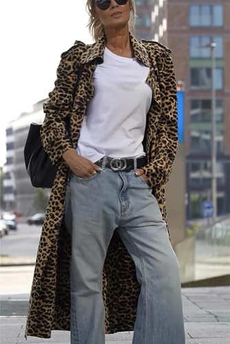 413YyB-iSmL.jpg Women's Notch Lapel Leopard Print Duster Trench Coat Open Front Loose Faux Suede Mid Long Pea Coat
