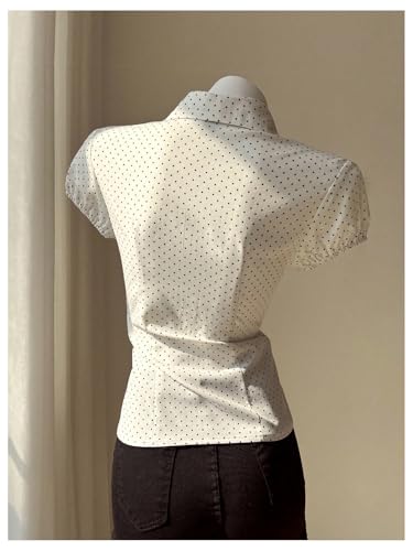 414zMr-htPL.jpg Women's Polka Dots Button Down Shirt Short Sleeve Collar Fitted Blouse Tops Preppy Aesthetic Clothes